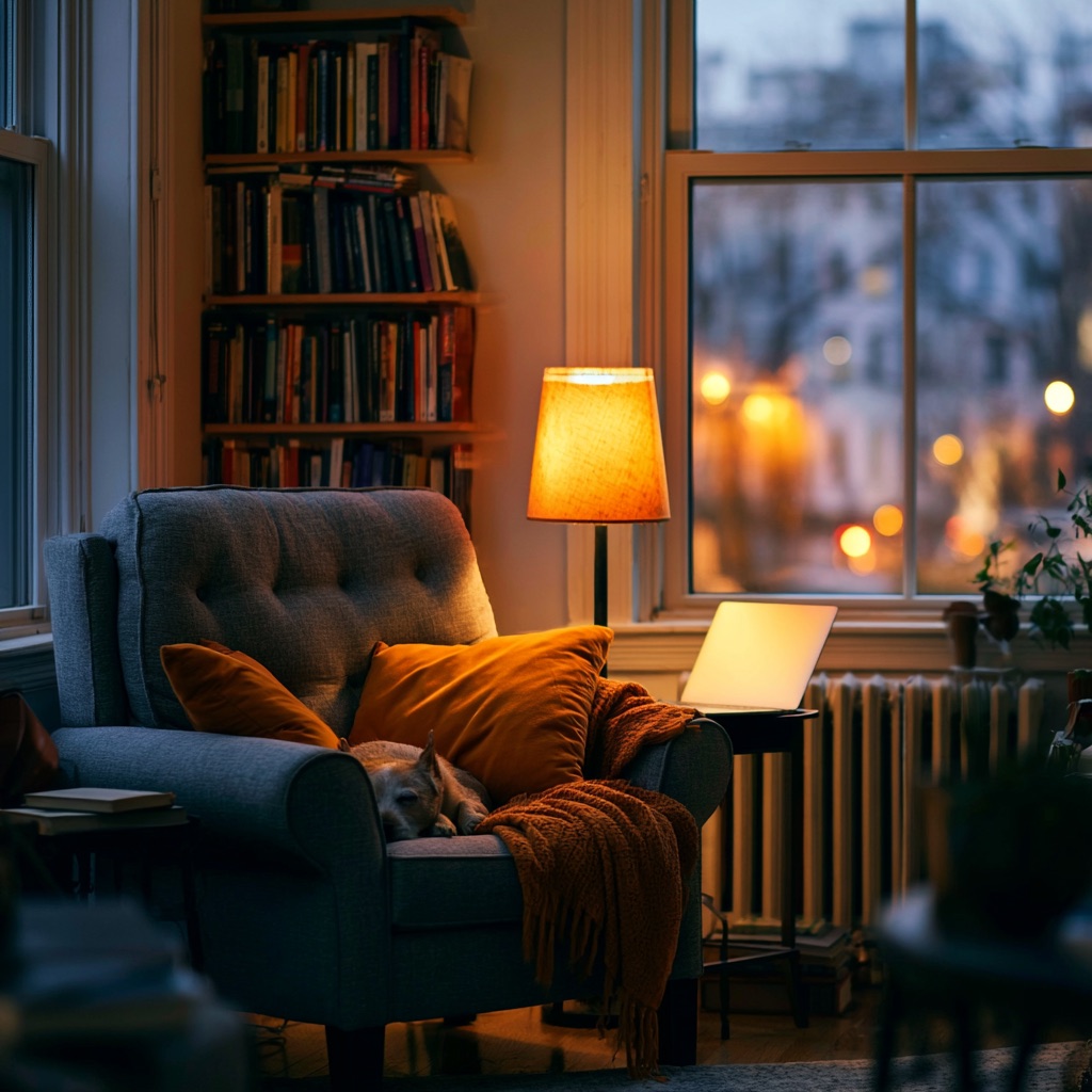 A reading corner at dusk: an armchair, a warm lamp, and a laptop open for an online therapy session