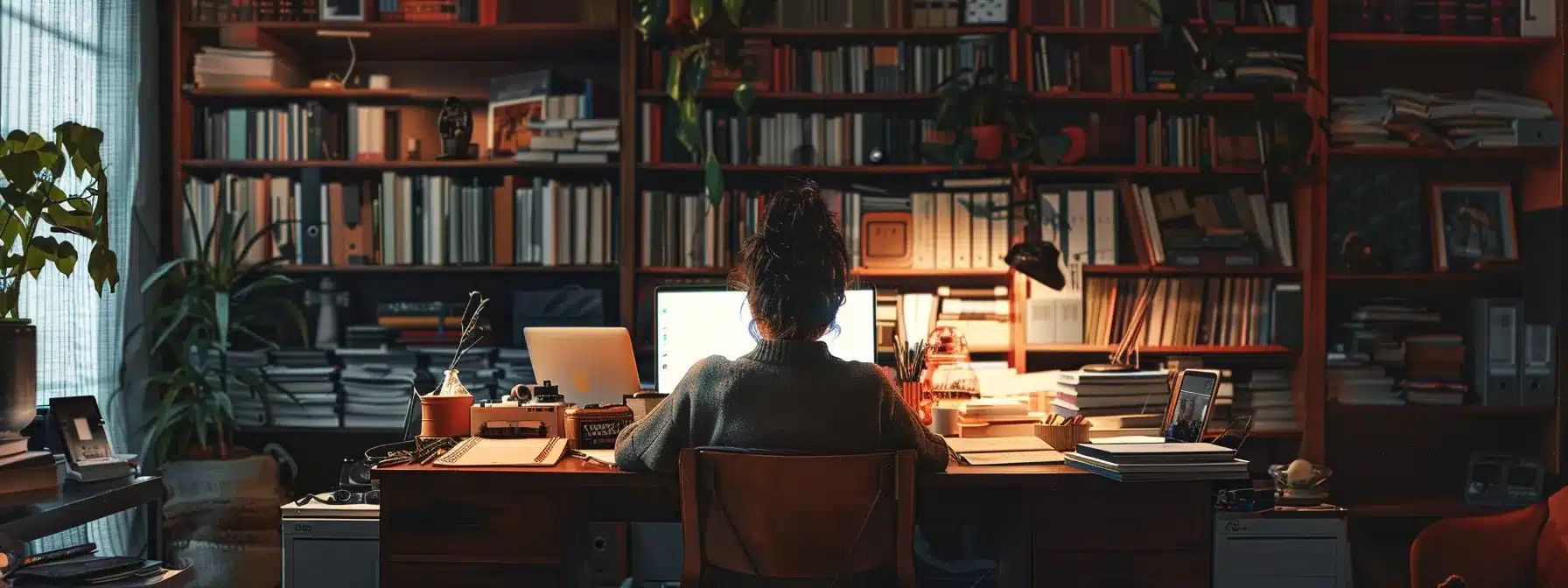 a person sitting in a cozy office surrounded by books and motivational posters, reflecting on their personal values and career goals.