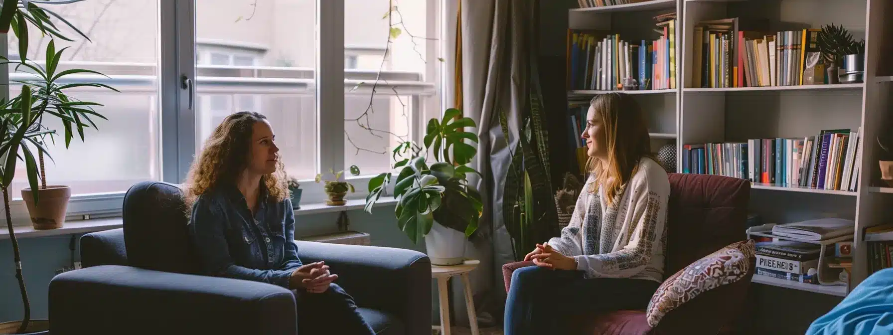 a serene room with two individuals engaged in deep conversation, surrounded by books on relationship counseling, highlighting the importance of skilled therapists and client awareness in therapy.