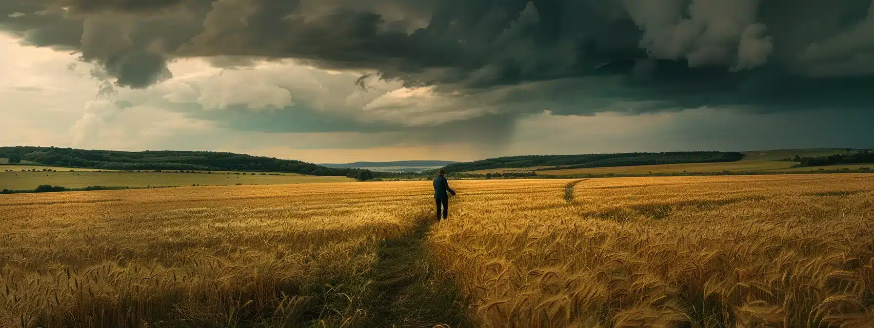 a person standing alone in a field under a stormy sky, symbolizing the relationship between attachment styles and mental health struggles.