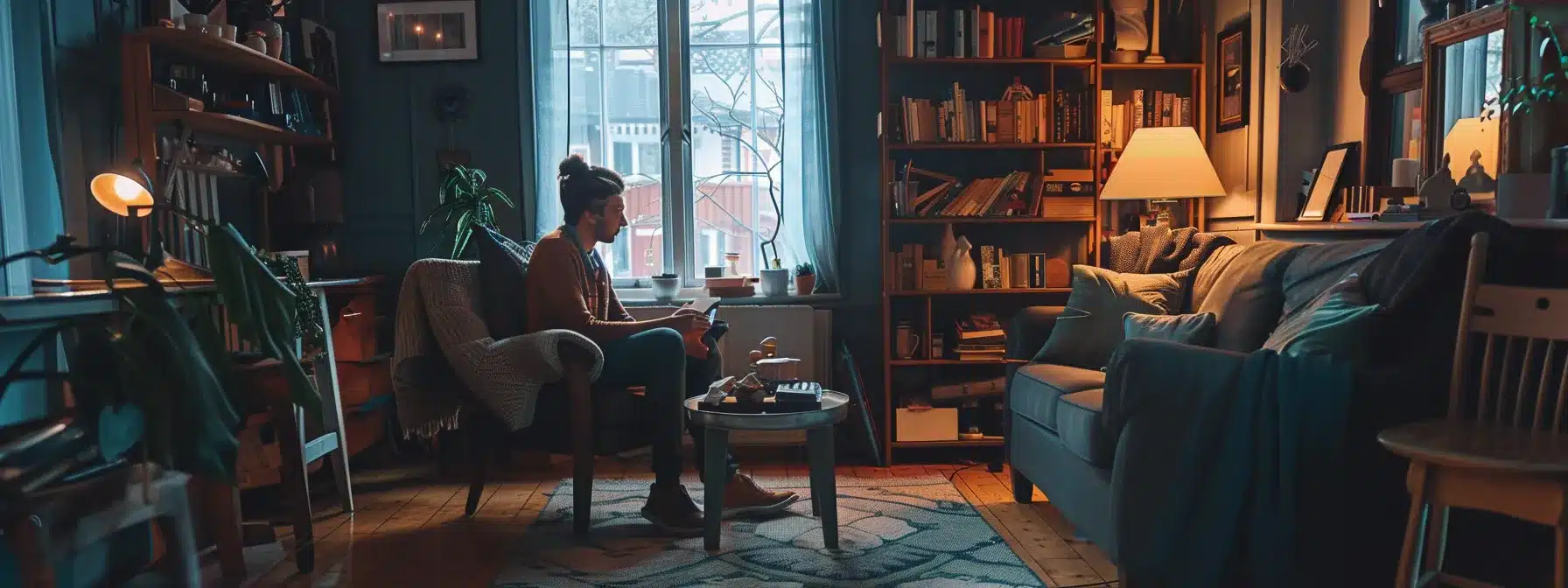 a person sitting in a cozy room with a grief counselor, engaged in a heartfelt conversation, surrounded by tissues and comforting decor.