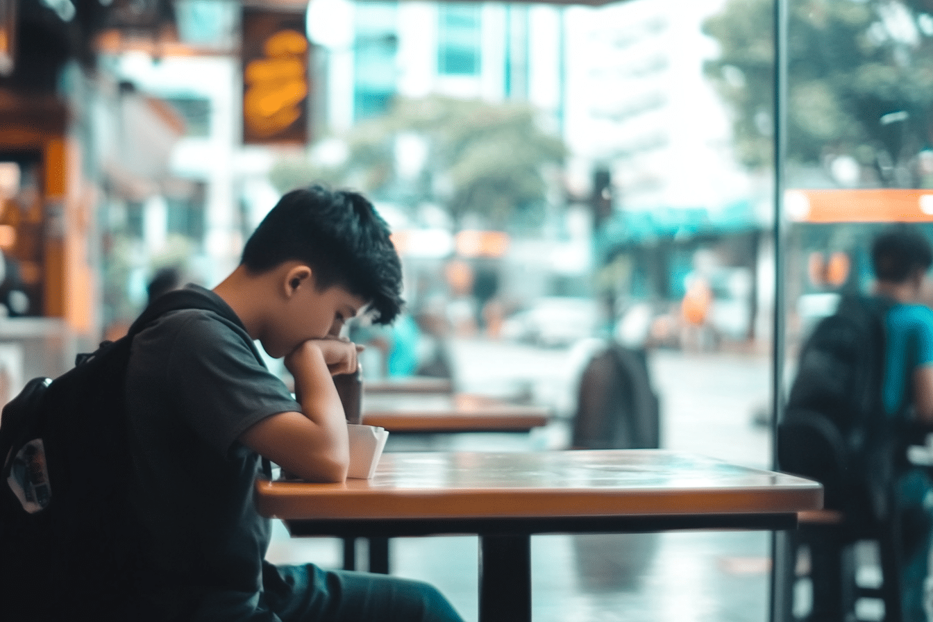 a man sitting at a cafe feeling anxious