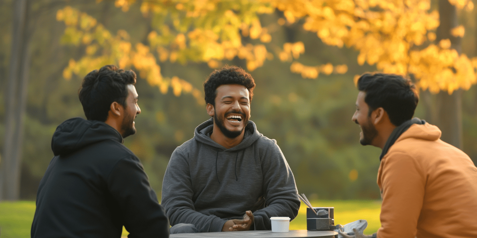 a group of men laughing and blowing off steam together