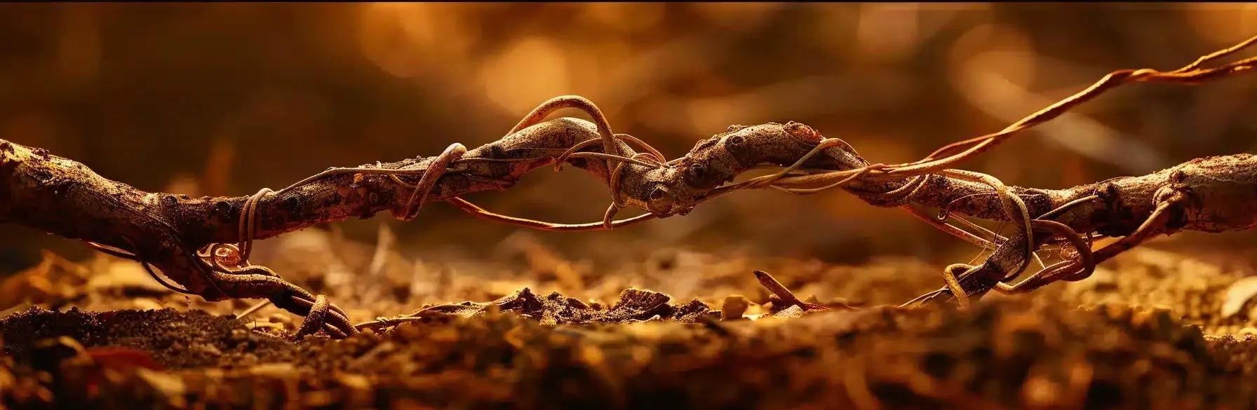 a close-up photo of two intertwined roots symbolizing the deep connection and impact of early relationships on mental health and intimate connections according to attachment theory.