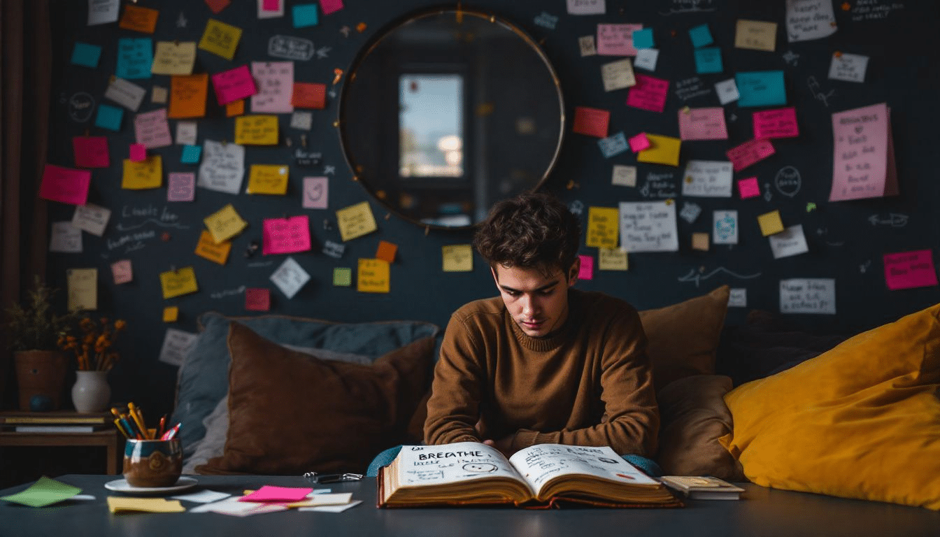 A person reflecting on their therapy journey, surrounded by notes and reminders of their learnings, indicating the need for ongoing support.