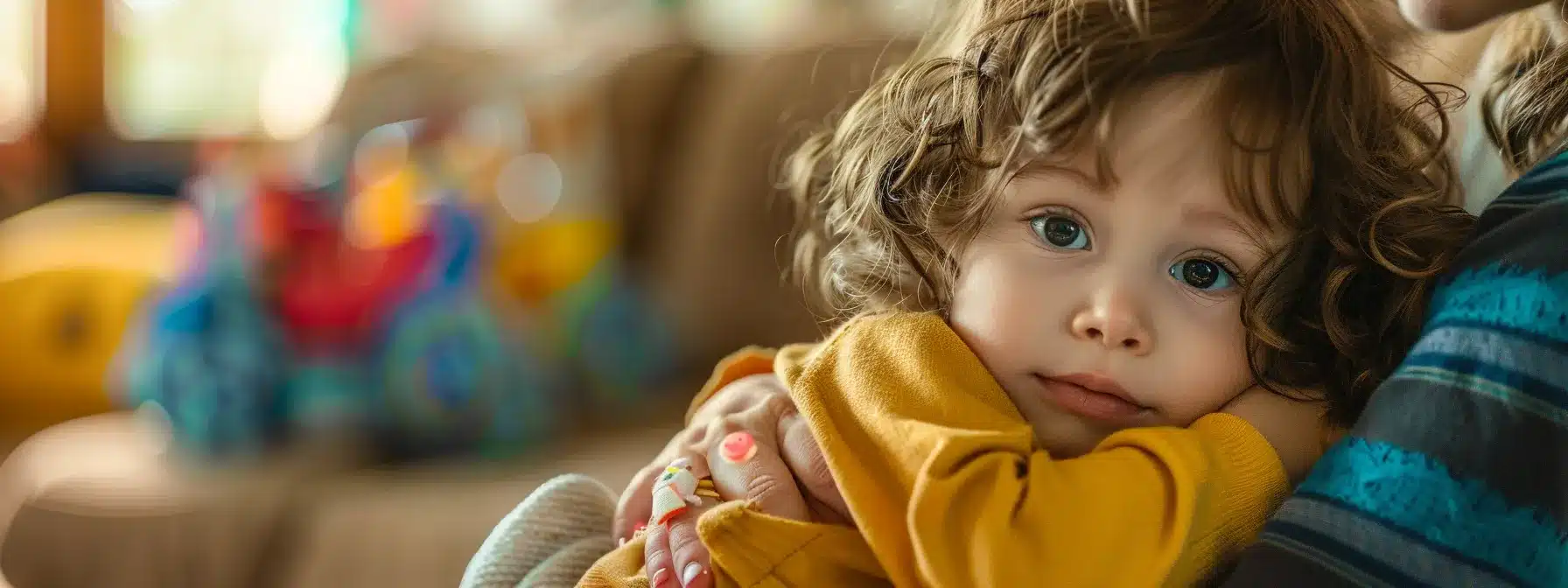 a young child sitting in a caregiver's comforting embrace, surrounded by colorful toys and a warm, nurturing environment.