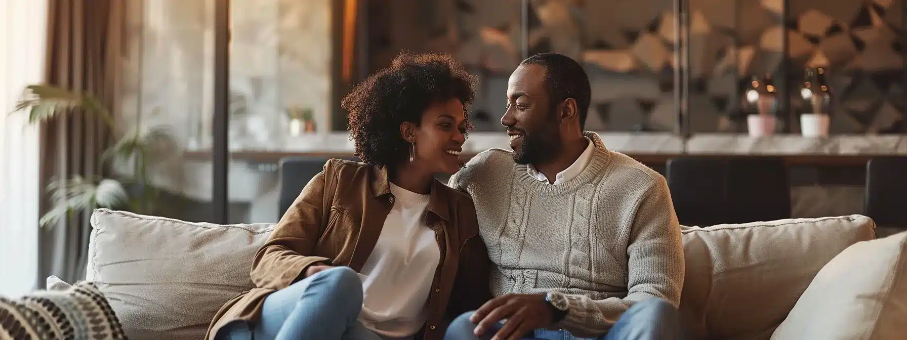 a couple sitting closely together on a couch, engrossed in a video call with a licensed therapist, surrounded by modern technology and resources for online couples counseling.