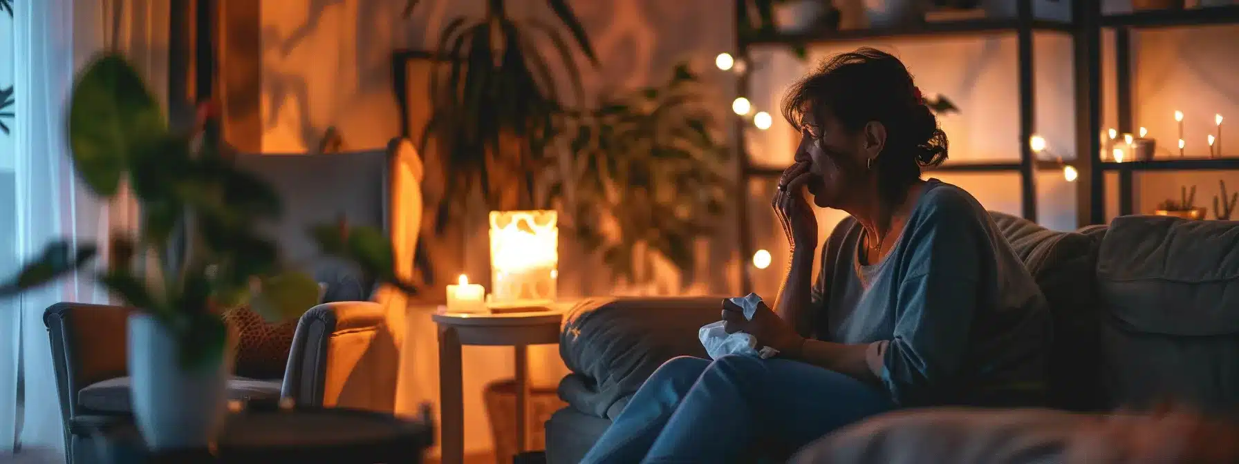 a person sitting in a cozy room surrounded by soft lighting, tissues, and a compassionate counselor, sharing their emotions and finding solace in the healing process of grief counseling.