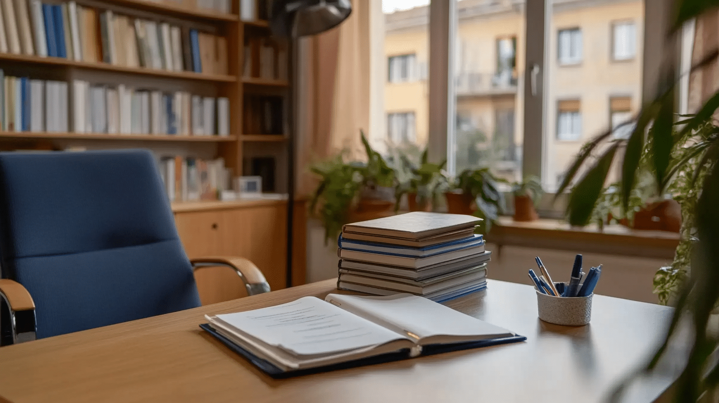 a stack of books on fertility counseling sitting on a therapist's desk