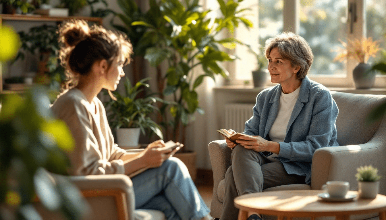 A therapist and a client engaged in a therapy session, discussing personal challenges in a comfortable setting.