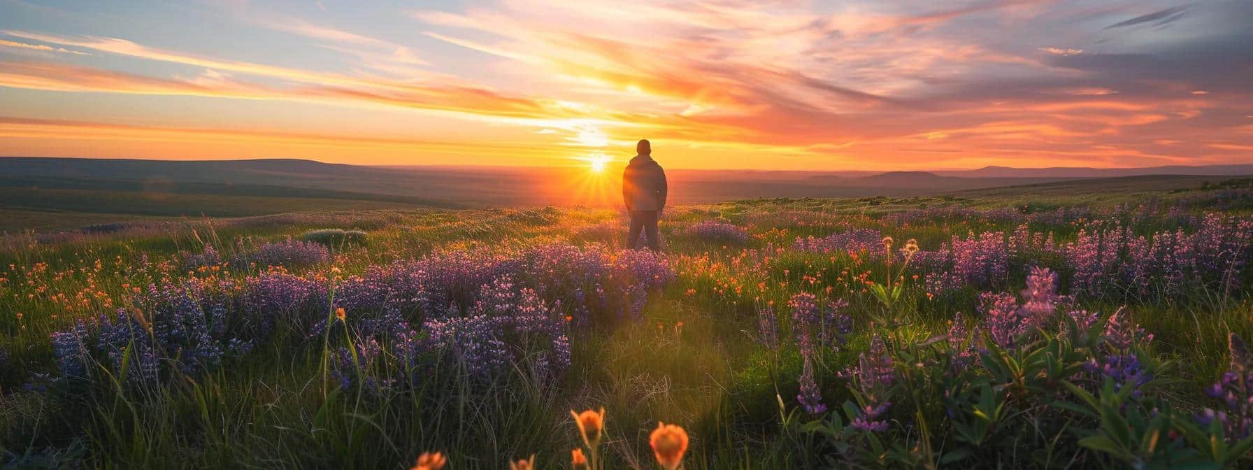 a lone figure standing in a peaceful meadow, surrounded by vibrant flowers and gazing at the horizon with a contemplative expression.