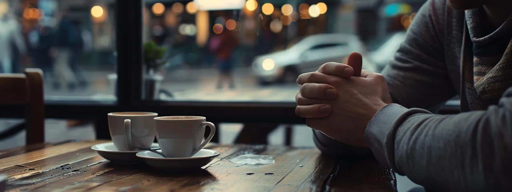 a person sweating nervously while on a coffee date, fidgeting with their hands and avoiding eye contact.