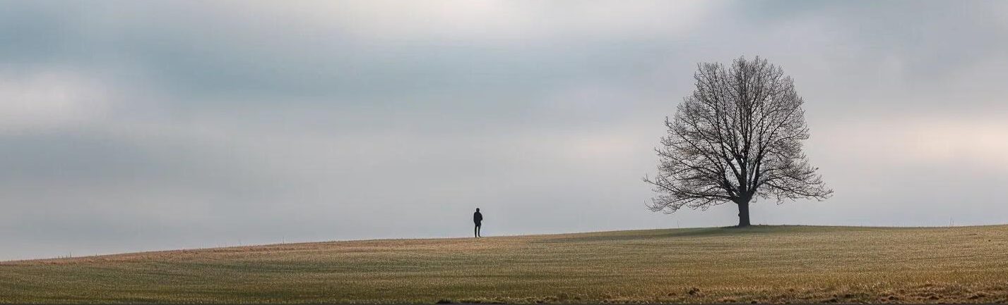 a solitary figure stands beneath a heavy, gray sky, surrounded by shadows that echo the weight of their haunting memories.