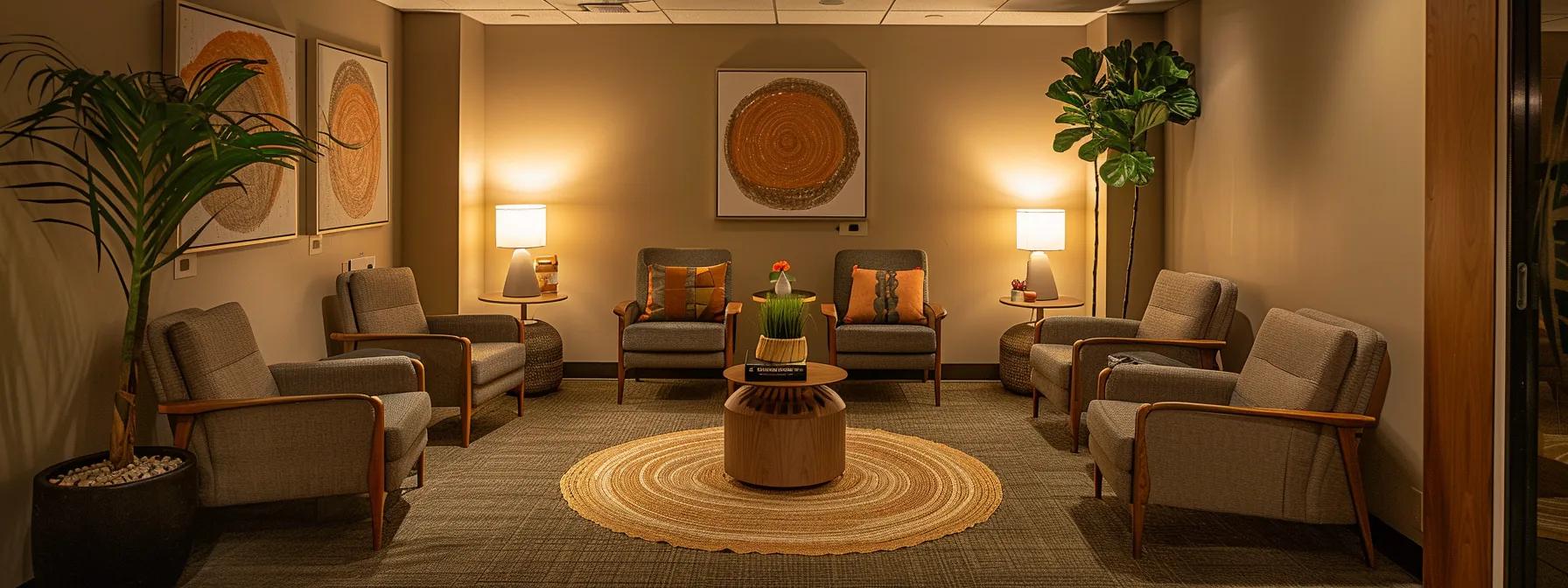 a warm and inviting counseling room, featuring a cozy seating arrangement surrounded by soft, ambient lighting and calming decor, symbolizes the path to better communication for couples.