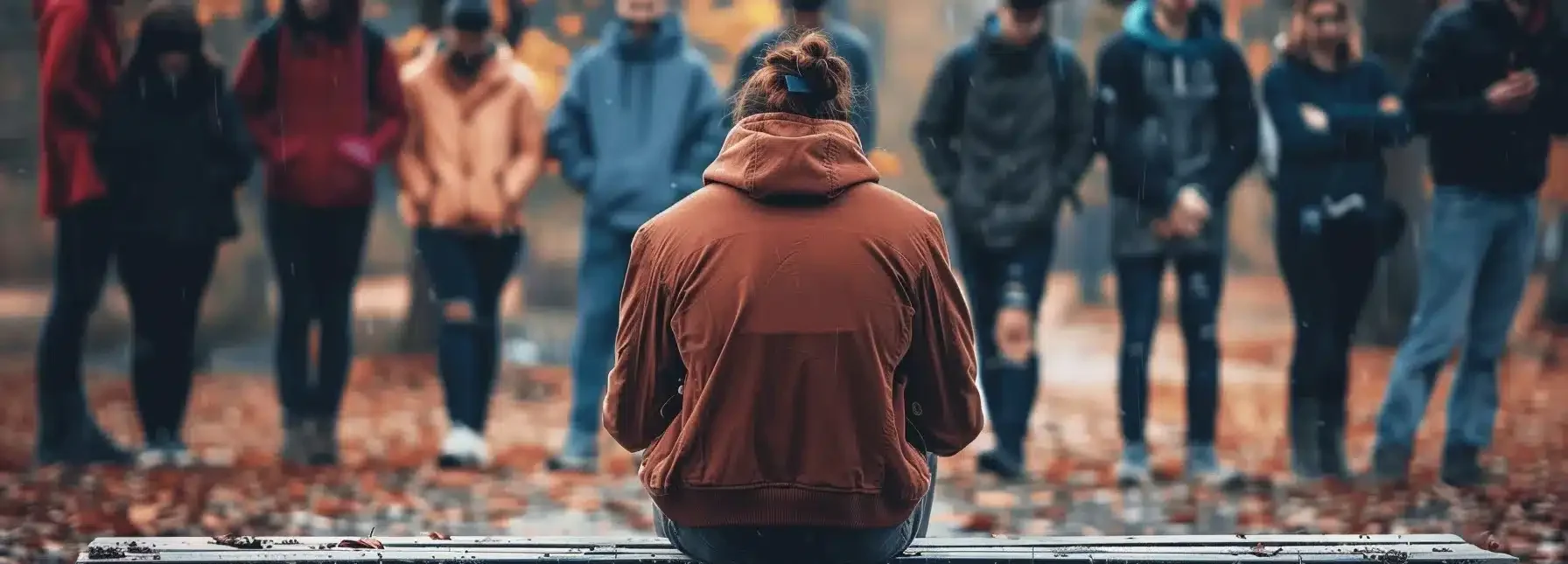 a person sitting on a bench, surrounded by a circle of supportive friends, sharing their emotions and finding relief in their grief.