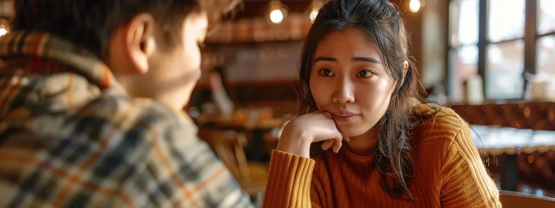 a couple sitting in a cozy cafe, the woman looking anxious while the man reaches out to hold her hand.
