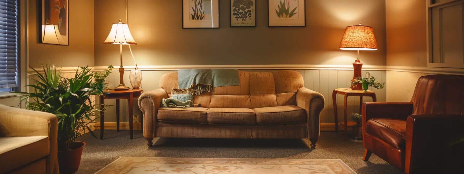 a serene, softly lit counseling room featuring an inviting couch, warm-toned décor, and a calm atmosphere, symbolizing the journey of couples navigating through hesitant emotions in therapy.