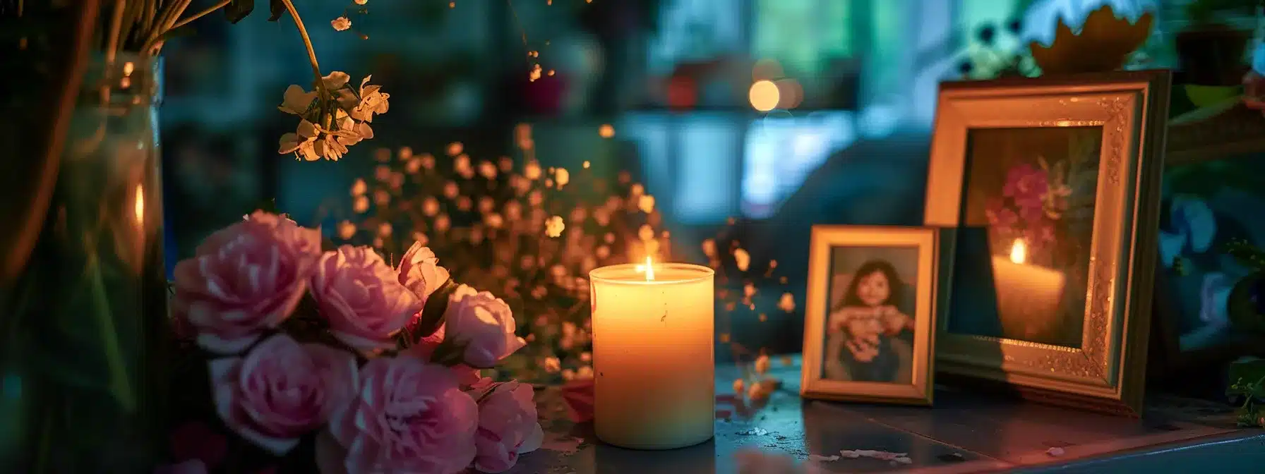 a softly lit candle surrounded by framed photos and flowers, creating a peaceful and loving tribute to a beloved memory.