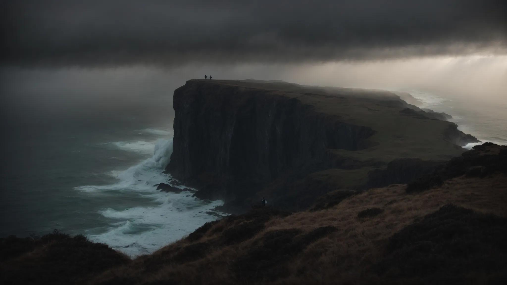 a solitary figure stands on the edge of a misty cliff, gazing into an expansive, stormy sea under a brooding sky, embodying the weight of existential dread amidst the uncertainty of nature.