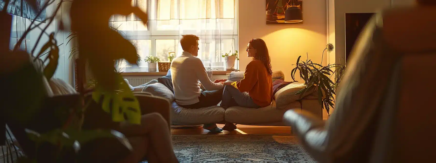 a couple holding hands, embracing affectionately under the guidance of a therapist in a cozy office setting.