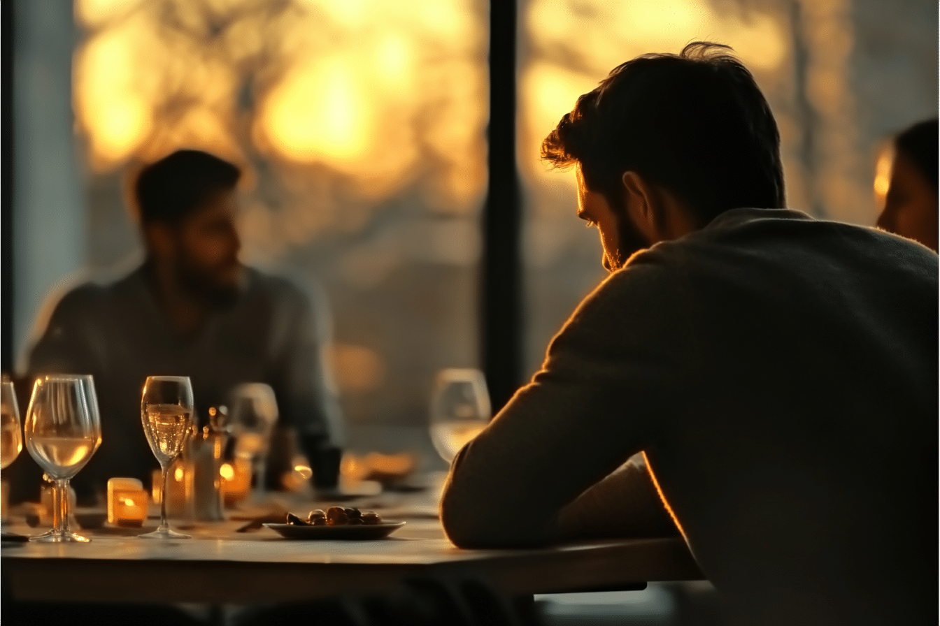 a man out to dinner with friends feeling the symptoms of depression