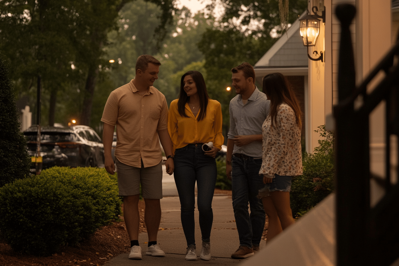 some friends walking down a sidewalk in a charlotte NC neighborhood discussing their mental health --chaos 25 --ar 3:2 --profile qx3r7vt