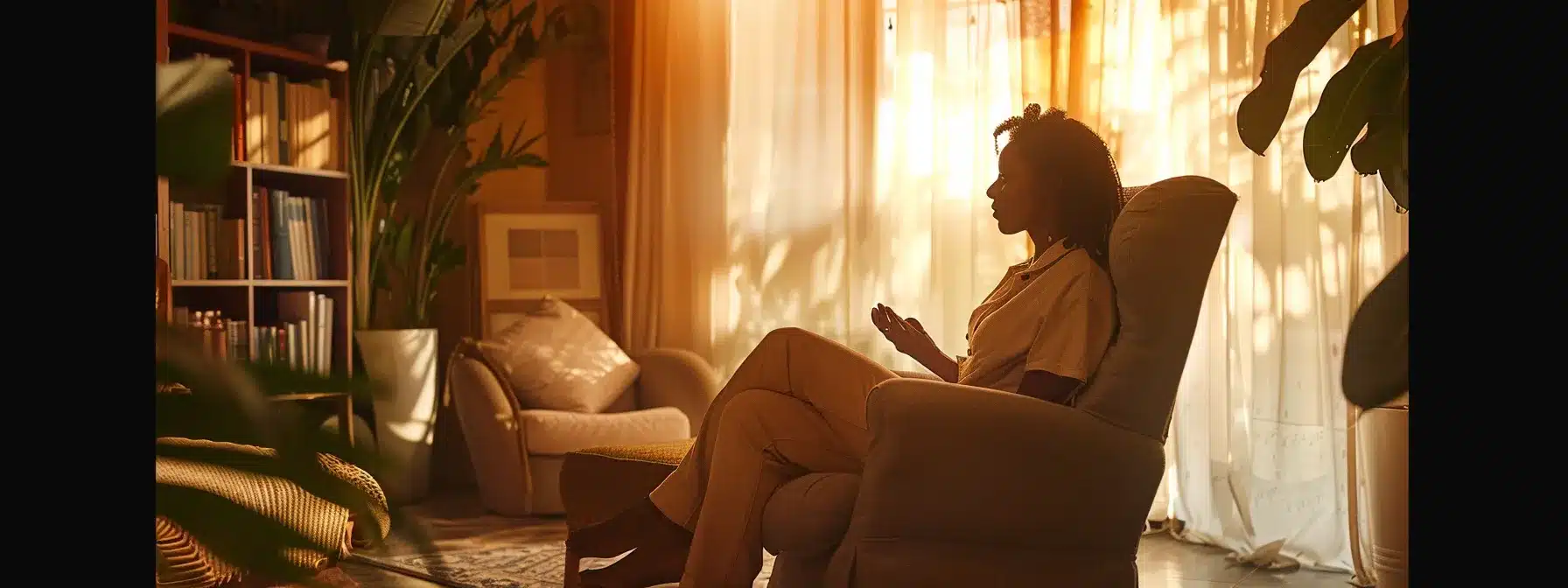 a serene, dimly lit room with a cozy armchair and a compassionate therapist listening intently to a client sharing their innermost thoughts.