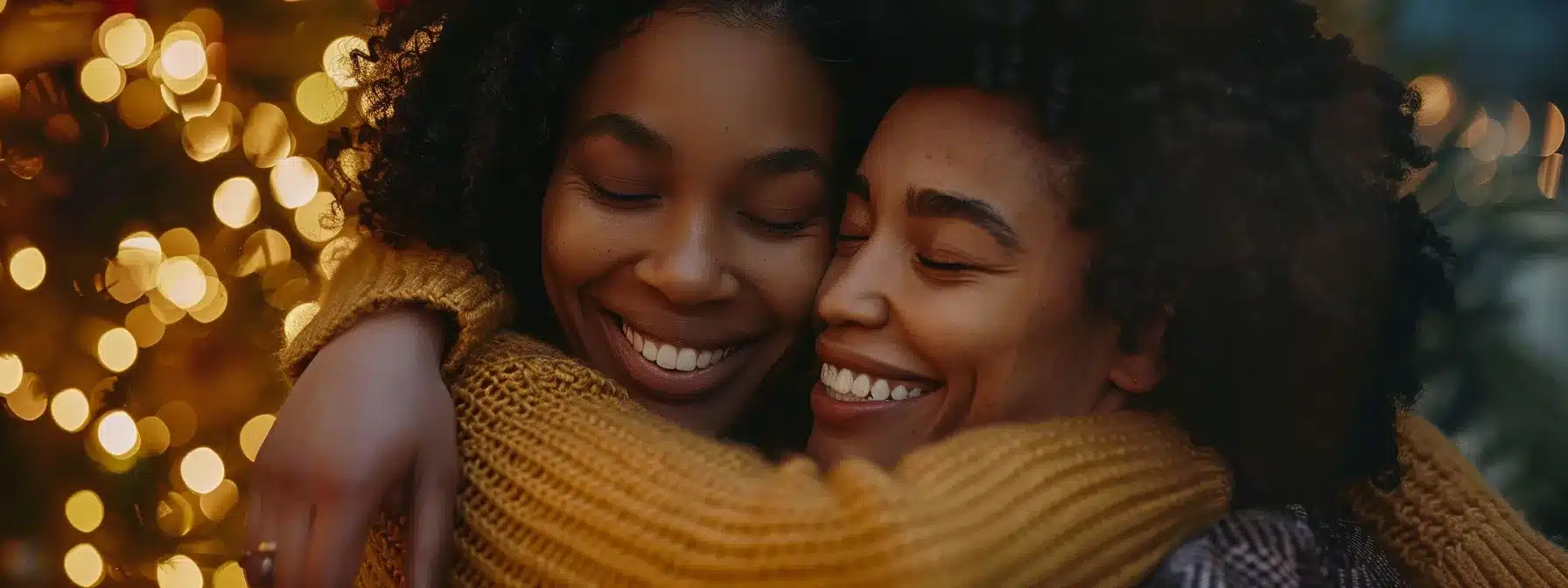 two people of the same gender embracing each other and smiling.