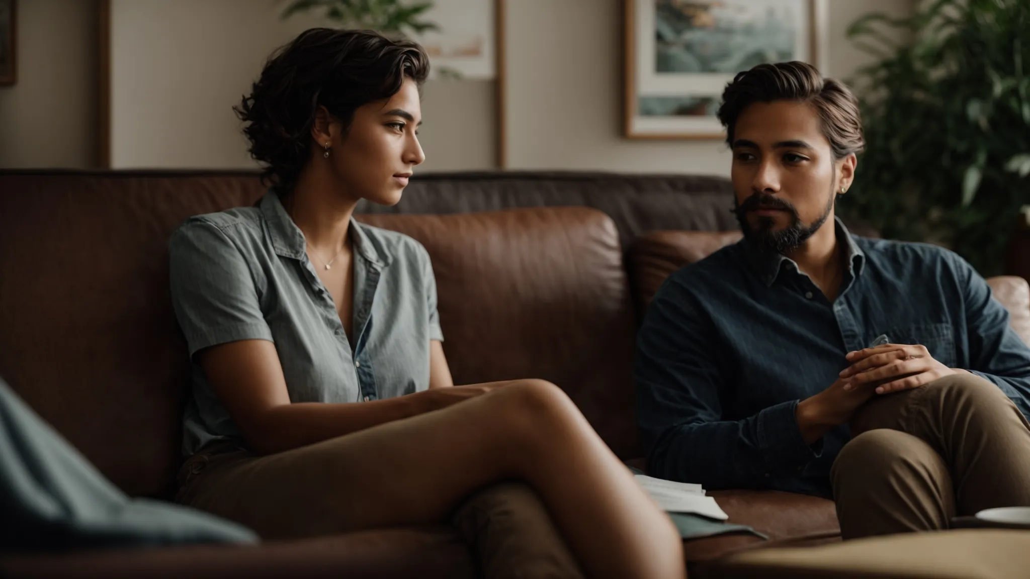 a couple is seated closely on a couch, engaging in deep conversation with a comforting therapist guiding the discussion.