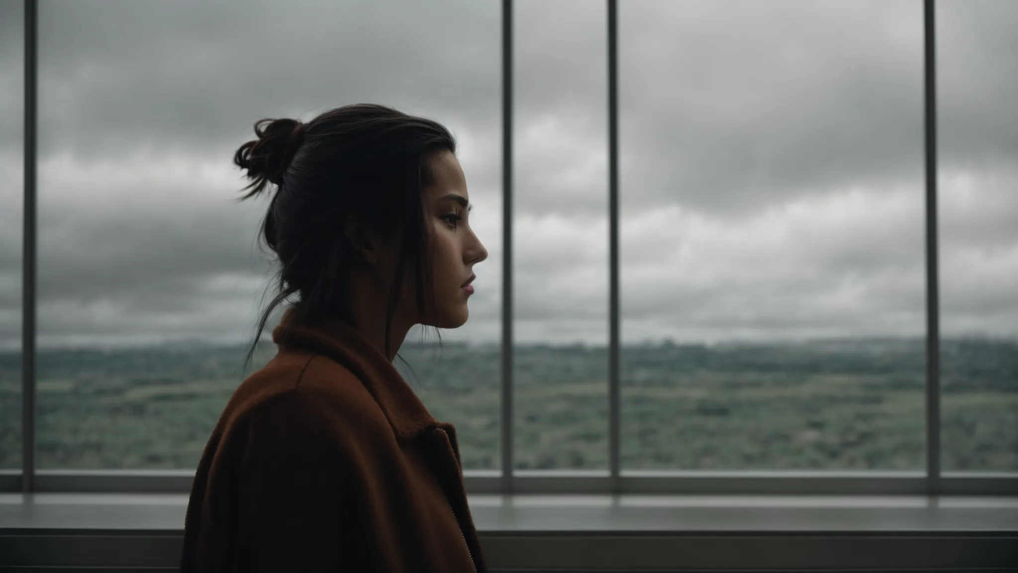 a person staring blankly out of a large window with an overcast sky in the background.