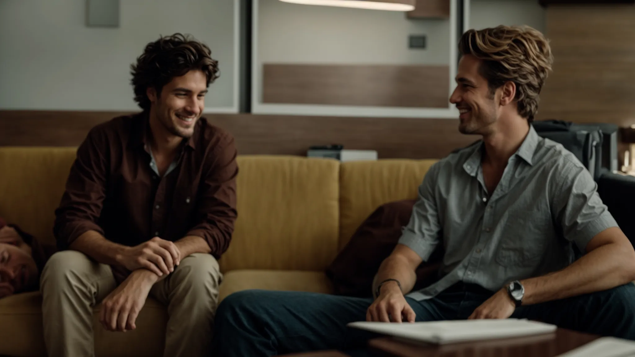 two white men sit on a couch, softly smiling at each other, while a counselor listens attentively from a nearby chair.