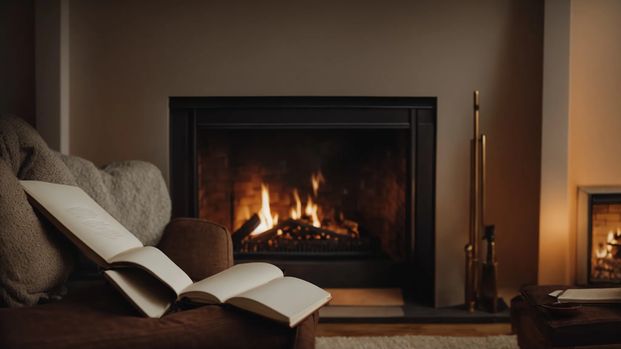 a person sitting comfortably by a fireplace with a notebook, reflecting in a serene and warmly lit room.