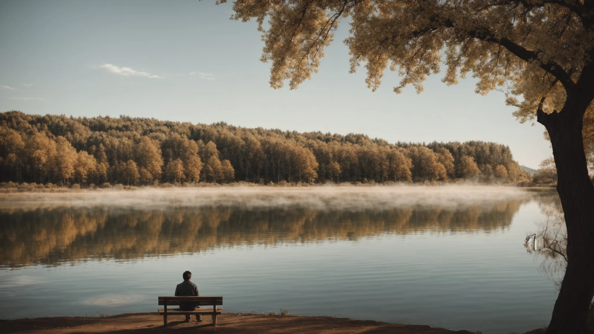 a solitary figure sits on a bench facing a serene lake, reflecting under a vast, open sky.