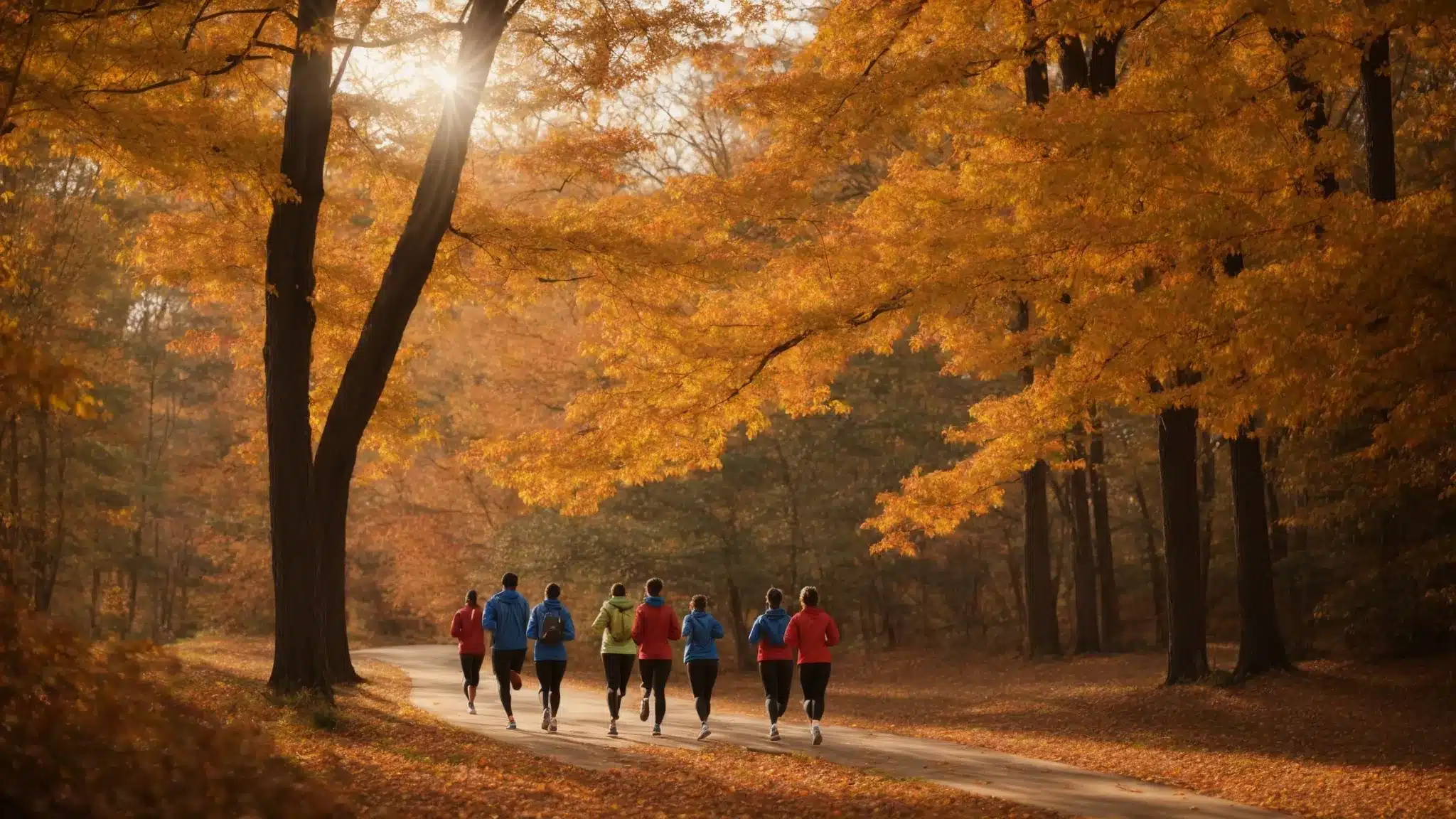 "charlotte residents jogging on a serene trail surrounded by autumn foliage."