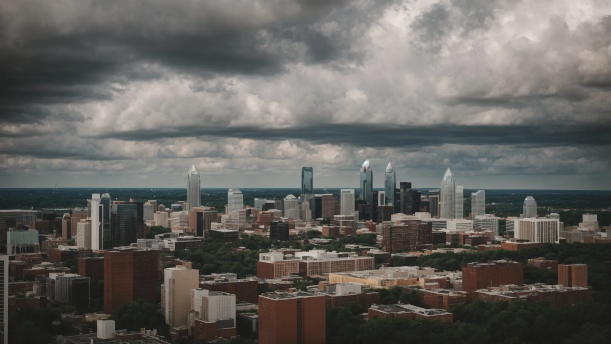 a panoramic view of charlotte's skyline under a cloudy sky, symbolizing the complexities of city life and mental health. 